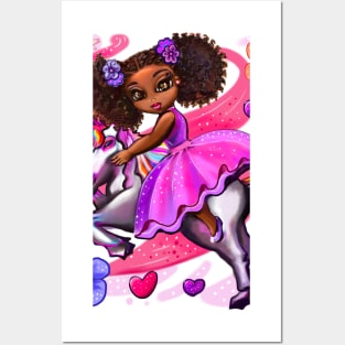 Curly hair Princess on a unicorn pony 7 - black girl with curly afro hair on a horse. Black princess Posters and Art